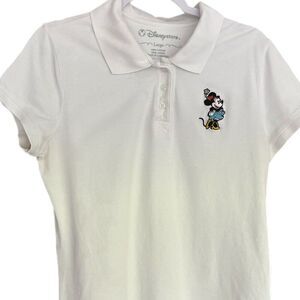 Disney Store Minnie Mouse Polo Women L White Blue Short Sleeve Classic Micky